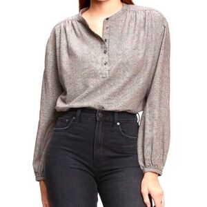 GAP Womens Tall Shirred Henley Top in Black Houndstooth Print-Size M Tall (NWT)